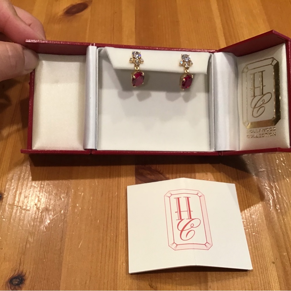 HOLLYWOOD COLLECTION RUBY CRYSTAL EARRINGS GOLD 925 VIVIEN LEIGH GONE W/THE WIND - Picture 4 of 11